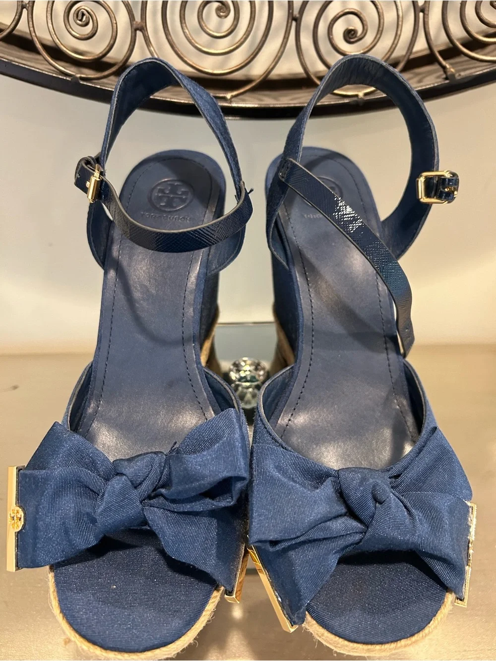 Tory Burch Navy Bow Espadrille Wedge Sandals